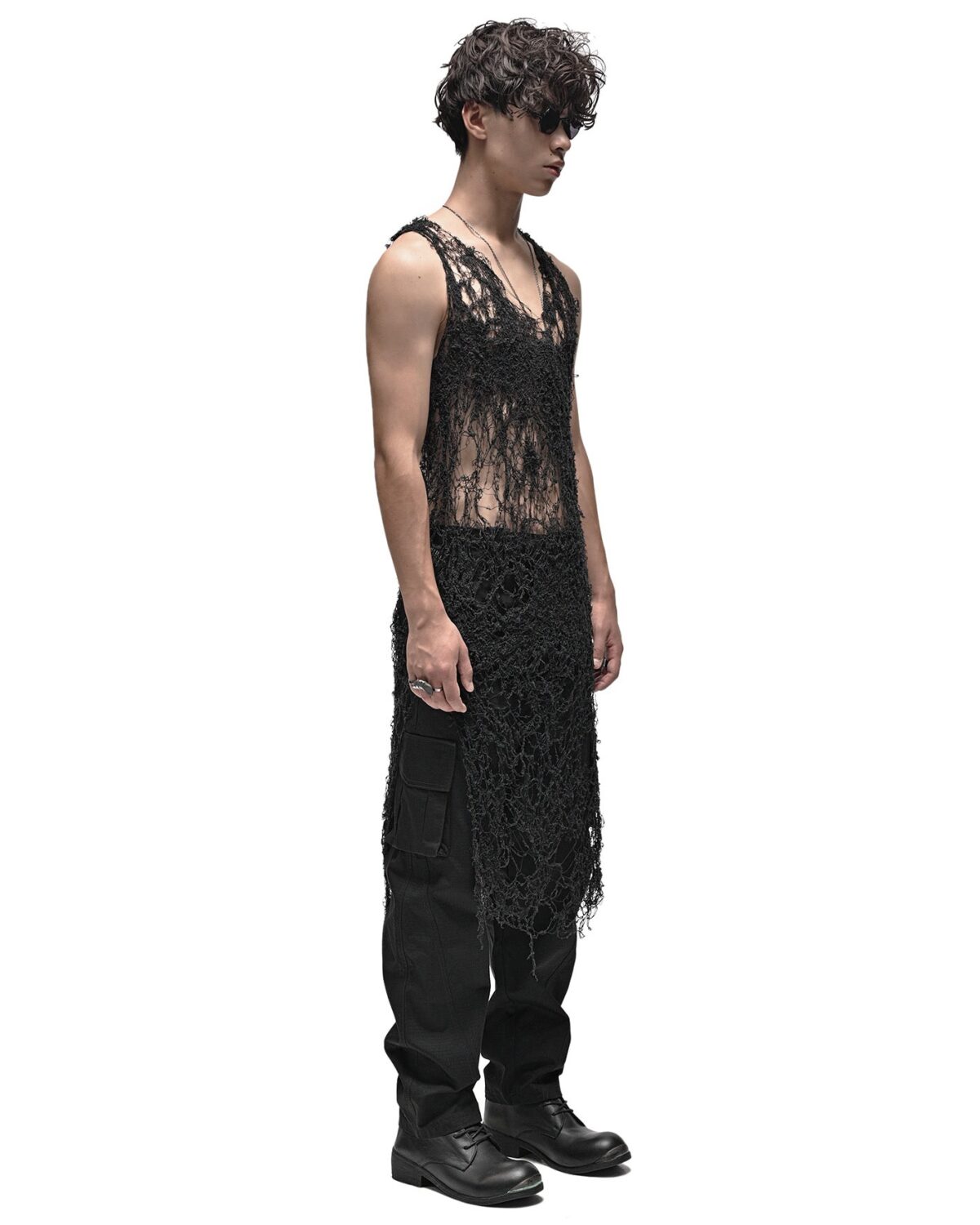 MINOAR - Fiber Bond Soft Sheer Long Top, Men's black cotton top with Fiber-Bond texture - 4