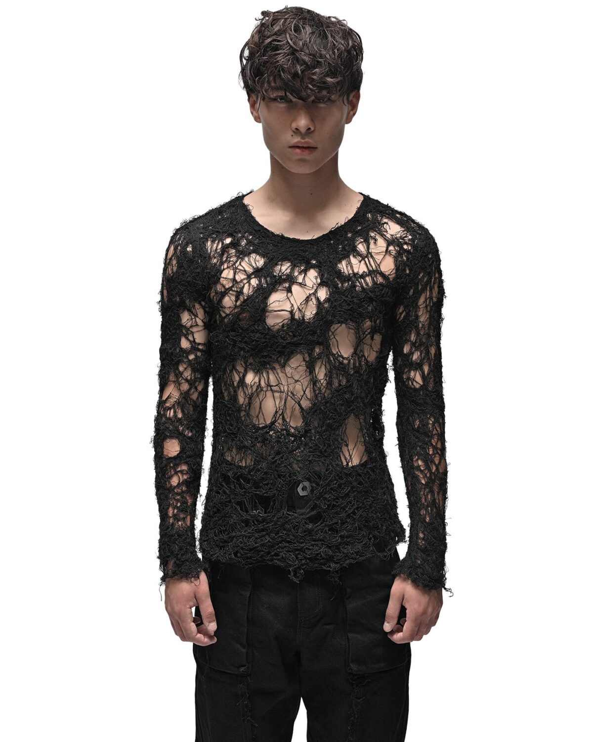 MINOAR - Fiber Bond Soft Sheer Sweater, Men's black cotton sweater with Fiber-Bond texture - 3