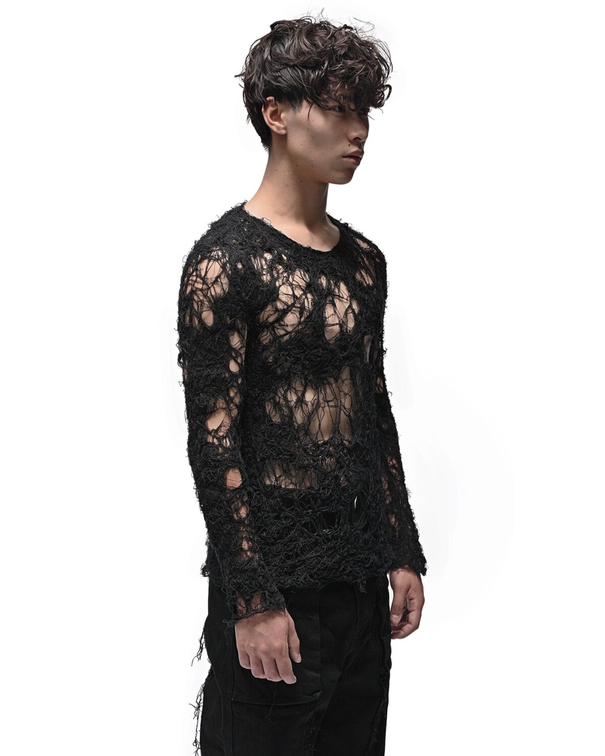 MINOAR - Fiber Bond Soft Sheer Sweater, Men's black cotton sweater with Fiber-Bond texture - 4