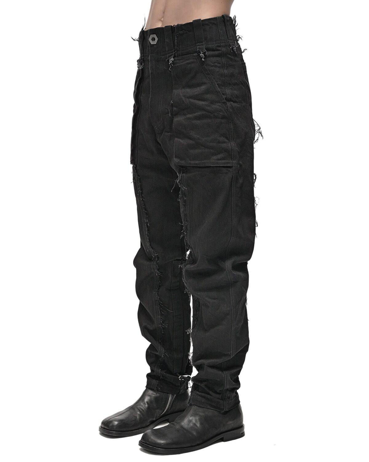 MINOAR - Tapered Denim Wash Construct Pants, Men's black cotton pants with cargo pocket detail - 3