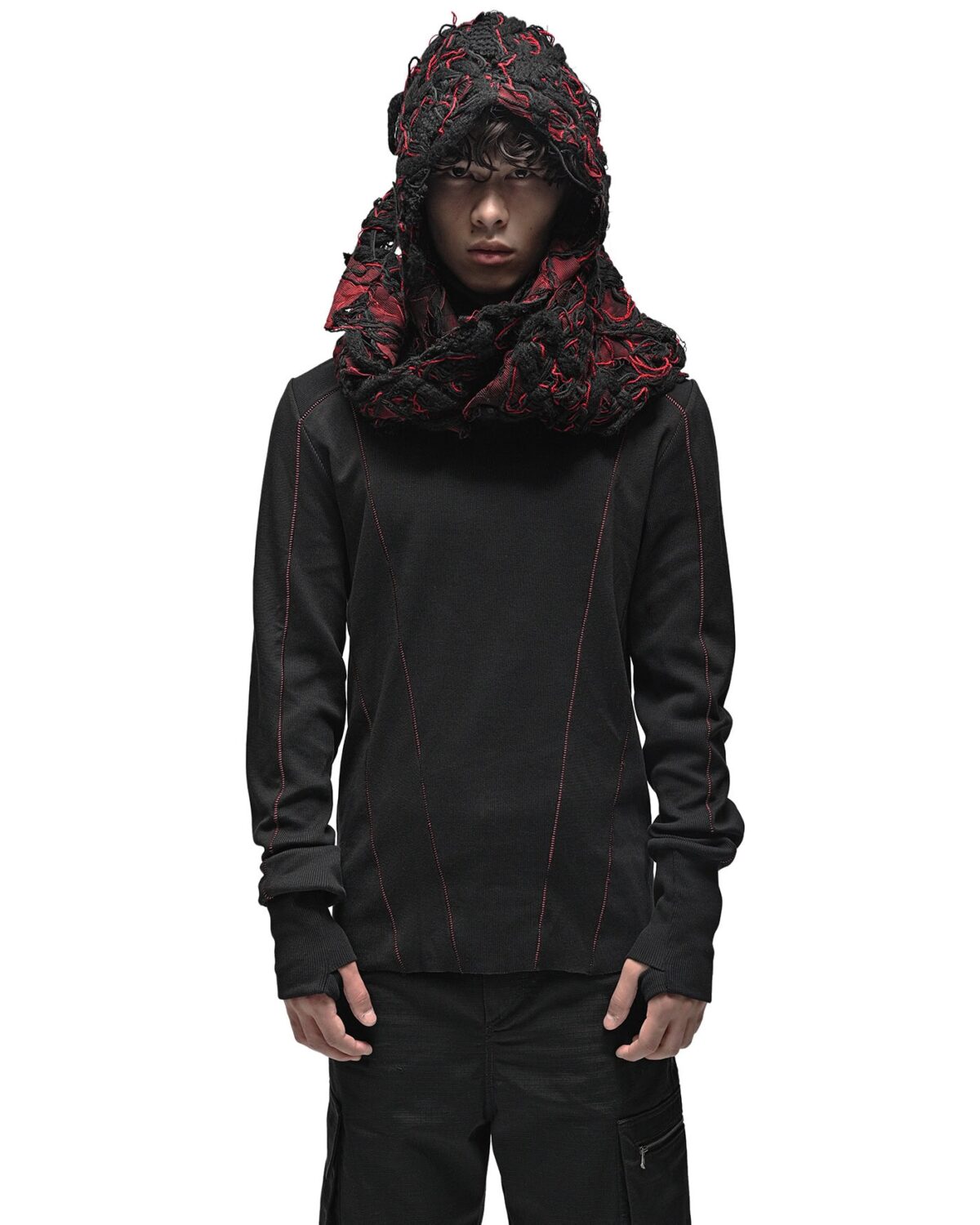 MINOAR - Pyro Fiber Bond Hood Scarf, Unisex black cotton scarf with Fiber-Bond texture - 3