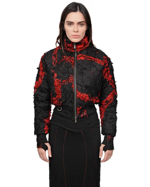 MINOAR - Fiber Bond Magma Bomber Jacket, Women's black cotton jacket with Fiber-Bond texture - 1