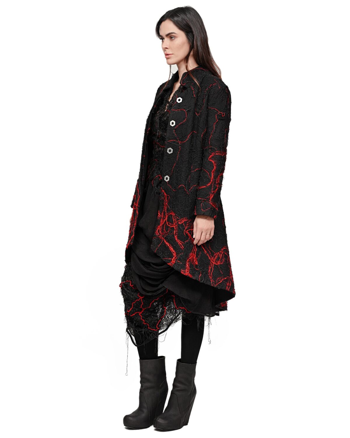 MINOAR - Fiber Bond Magma Coat, Women's black cotton coat with Fiber-Bond texture - 4