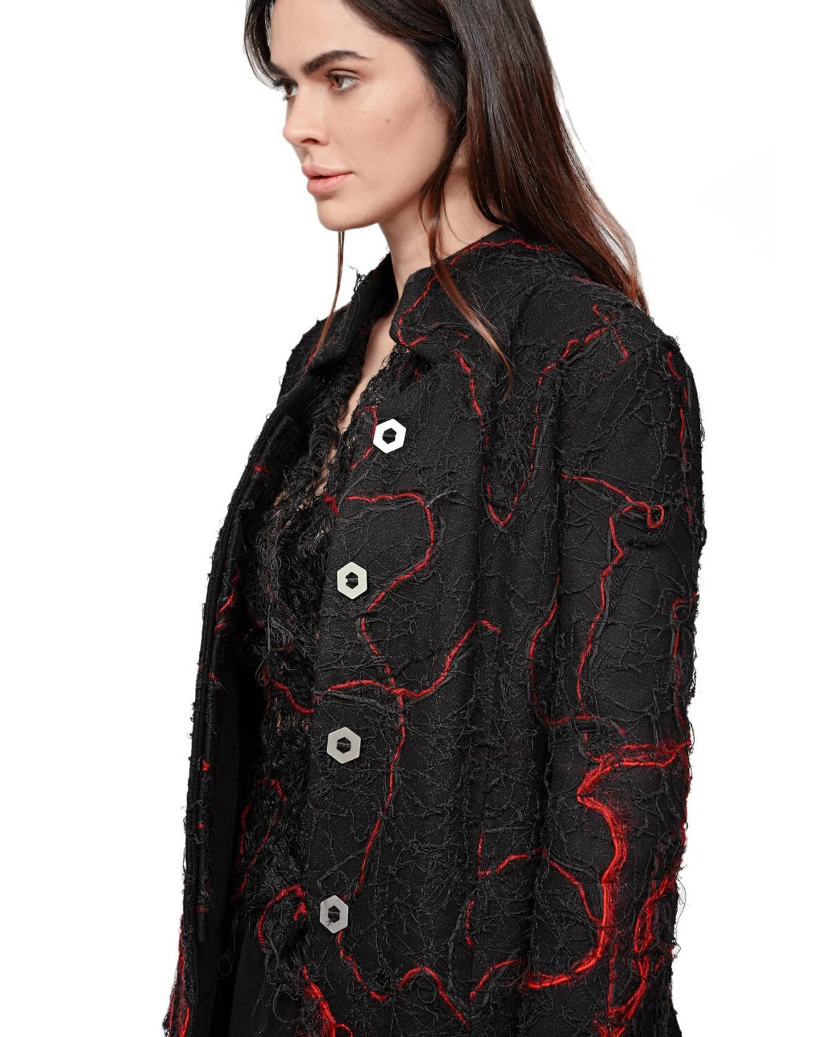 MINOAR - Fiber Bond Magma Coat, Women's black cotton coat with Fiber-Bond texture - 9