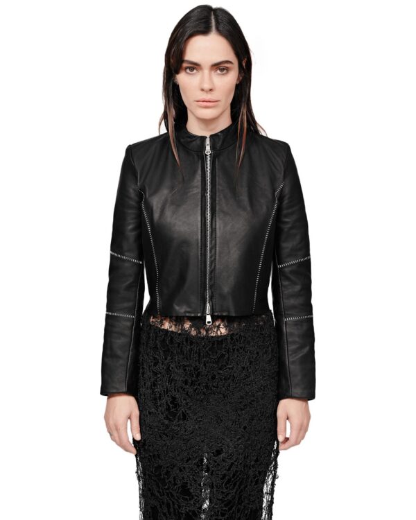 MINOAR - Biker Horse Leather Jacket, Women's black leather jacket with multi-segment construction - 1