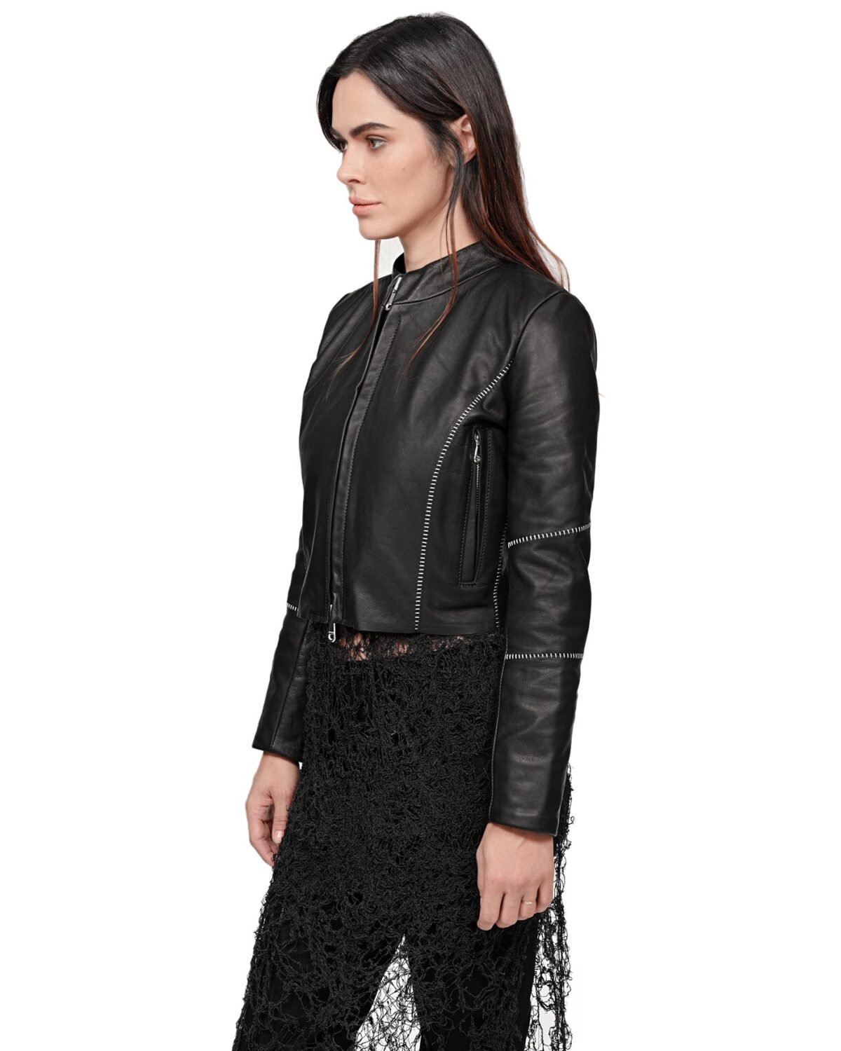 MINOAR - Biker Horse Leather Jacket, Women's black leather jacket with multi-segment construction - 4