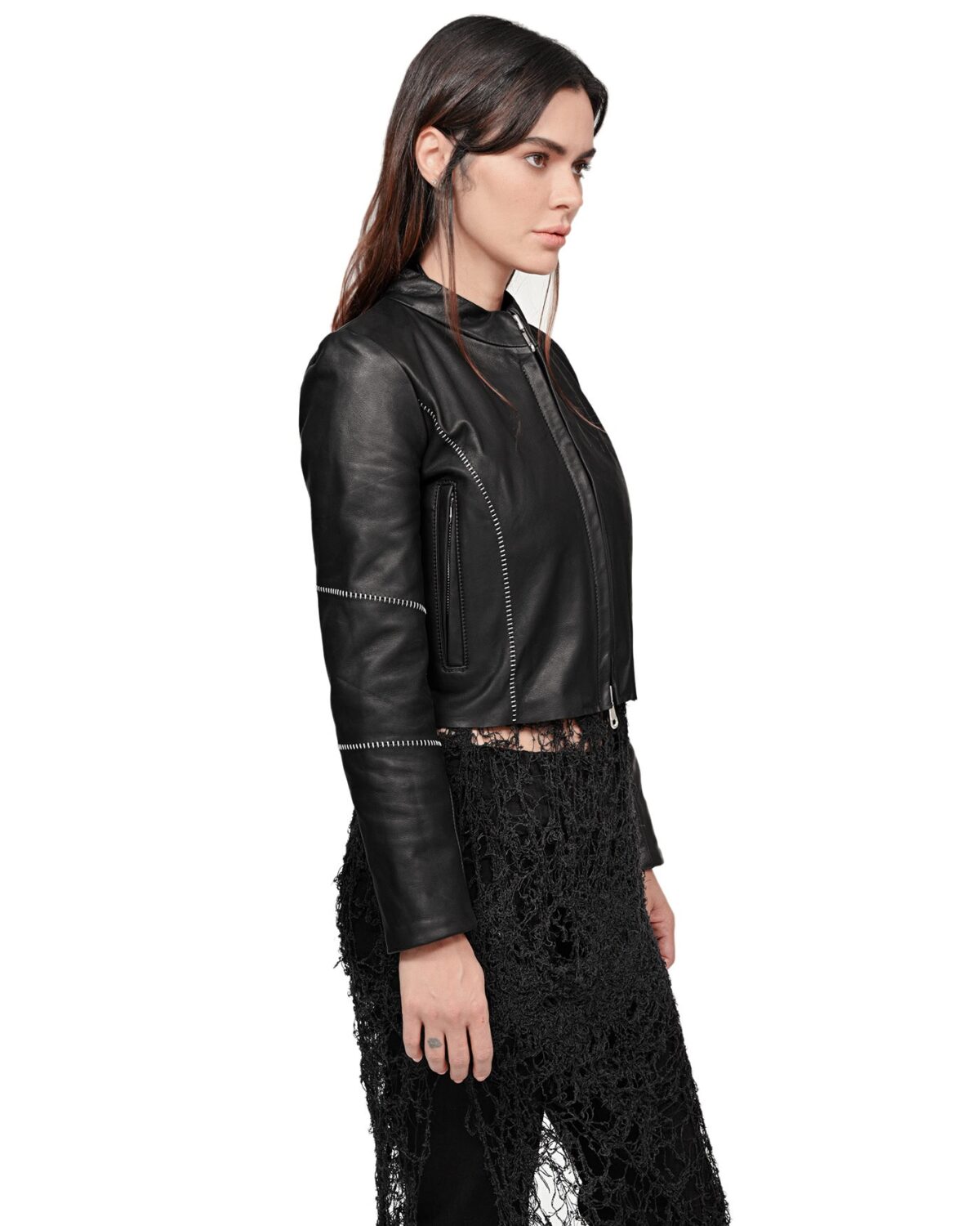 MINOAR - Biker Horse Leather Jacket, Women's black leather jacket with multi-segment construction - 9