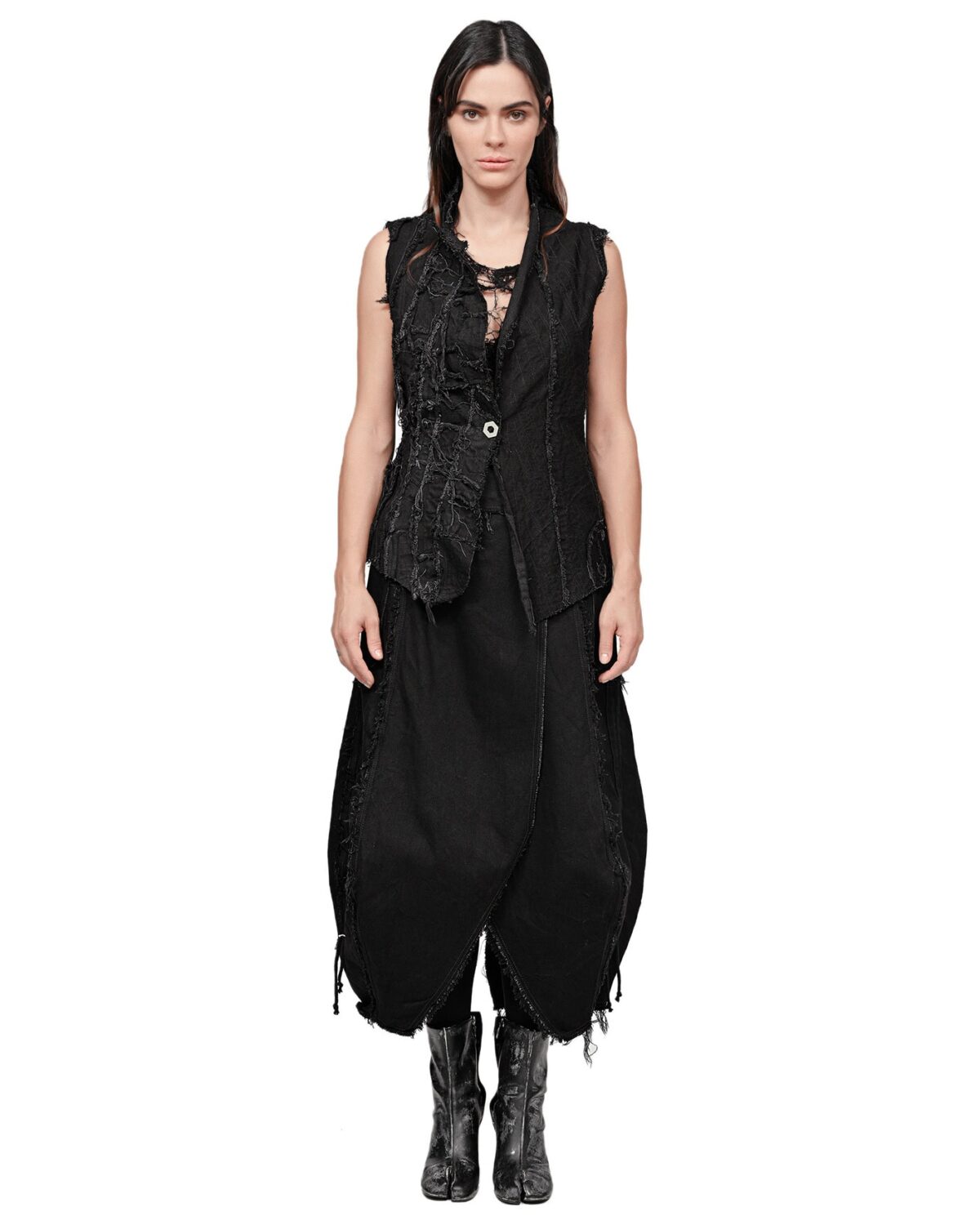 MINOAR - Distressed Linear Split Edge Vest, Women's black cotton vest with multi-segment construction - 7