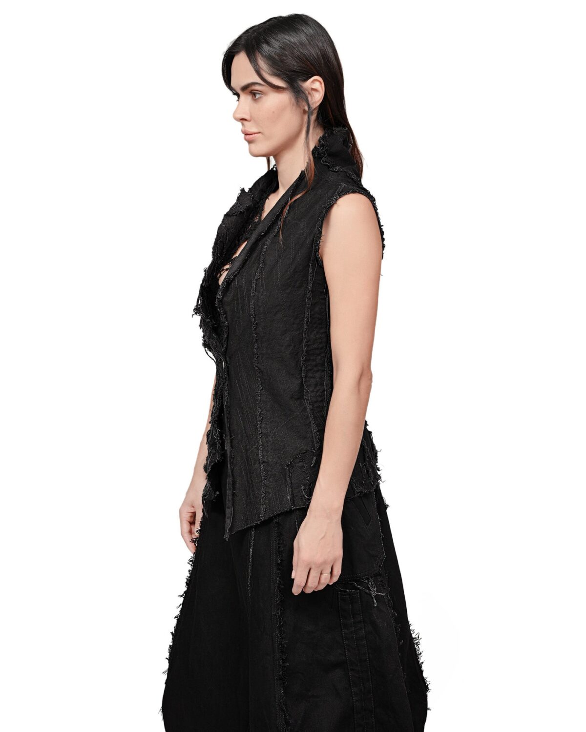 MINOAR - Distressed Linear Split Edge Vest, Women's black cotton vest with multi-segment construction - 3