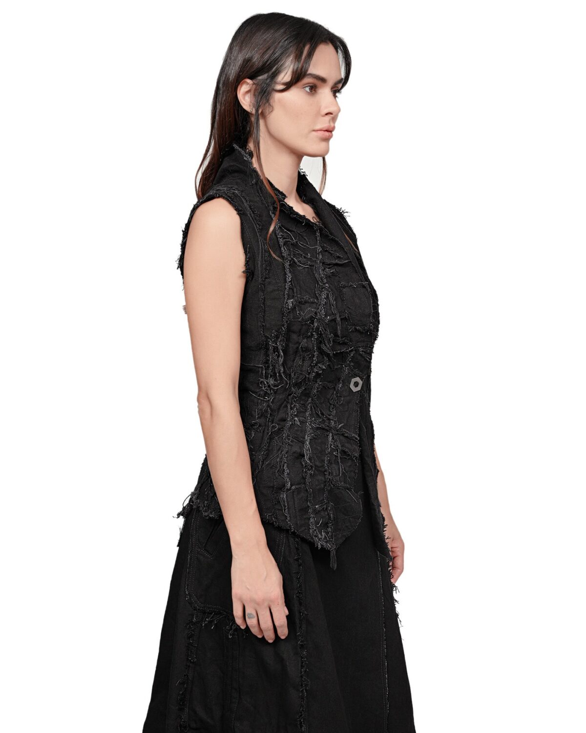 MINOAR - Distressed Linear Split Edge Vest, Women's black cotton vest with multi-segment construction - 4