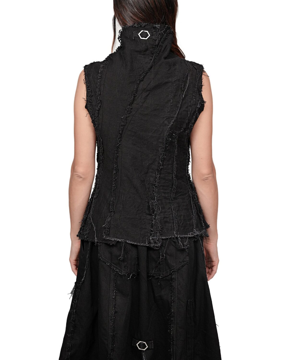 MINOAR - Distressed Linear Split Edge Vest, Women's black cotton vest with multi-segment construction - 6