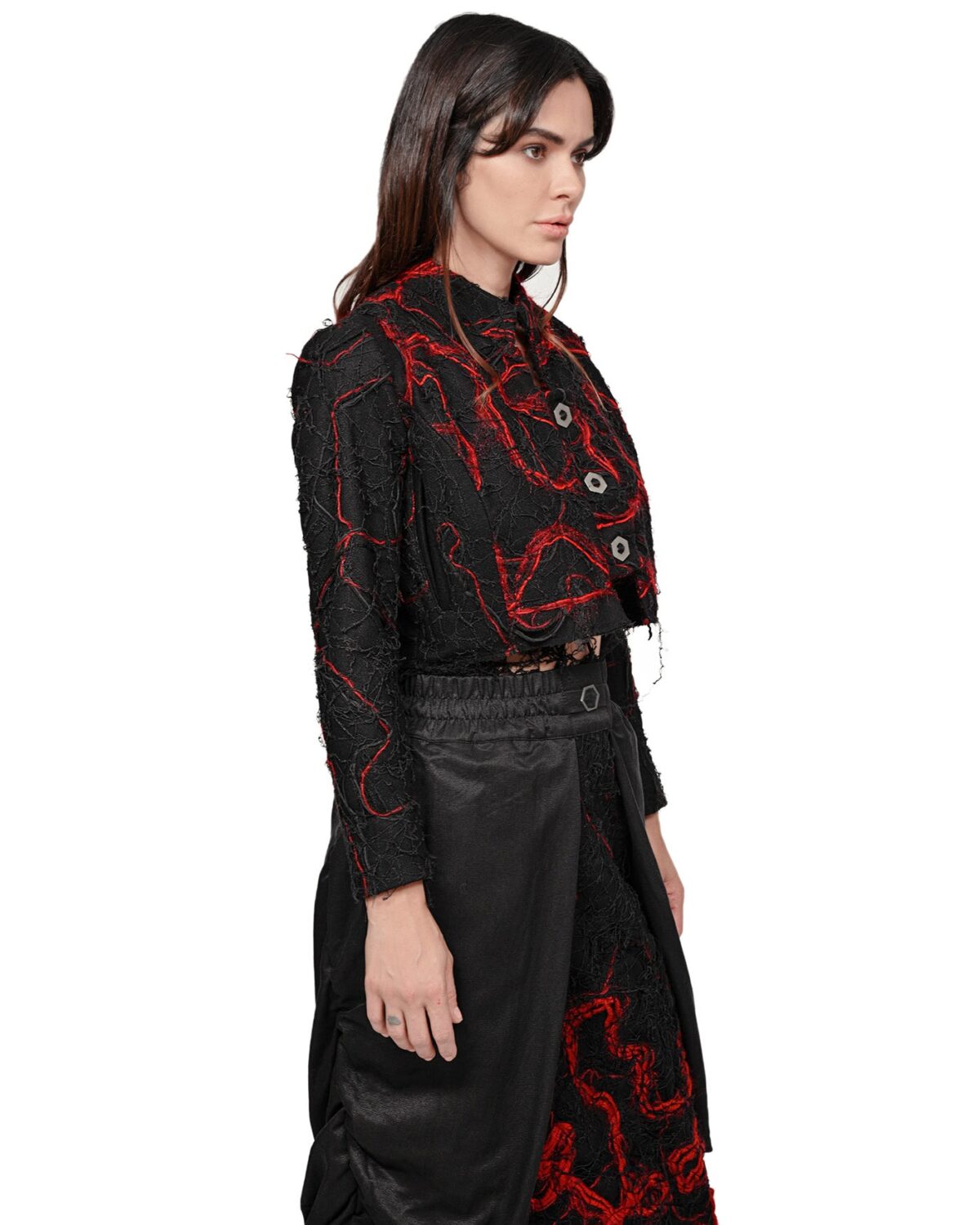 MINOAR - Fiber Bond Magma Crop Jacket, Women's black cotton jacket with Fiber-Bond texture - 4