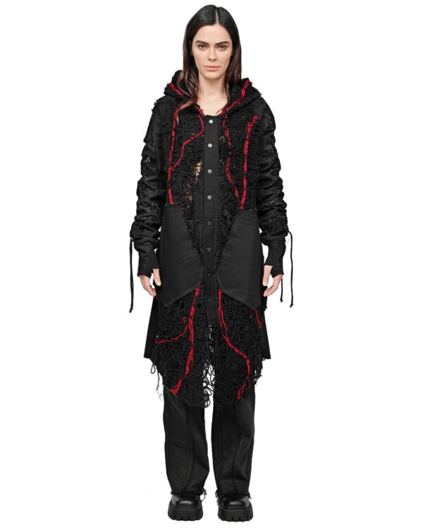MINOAR - Fiber Bond Lava Patch Hooded Cardigan, Women's black cotton cardigan with Fiber-Bond texture - 1
