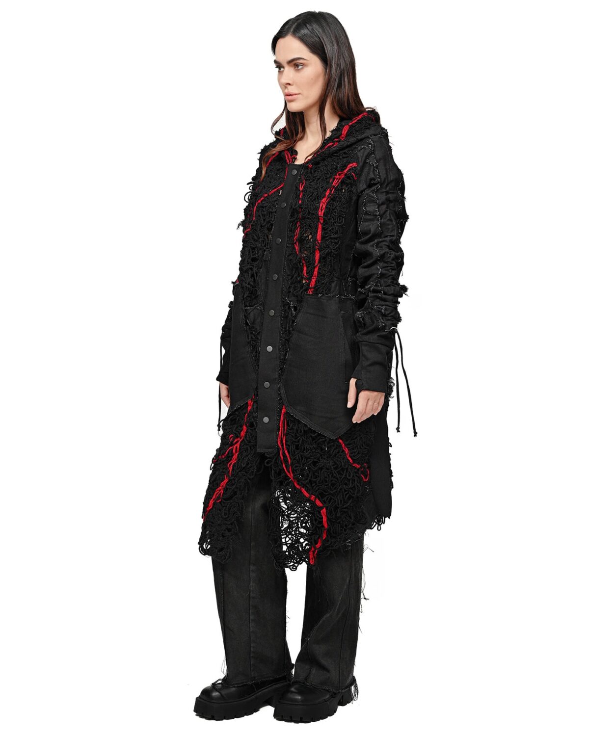 MINOAR - Fiber Bond Lava Patch Hooded Cardigan, Women's black cotton cardigan with Fiber-Bond texture - 3