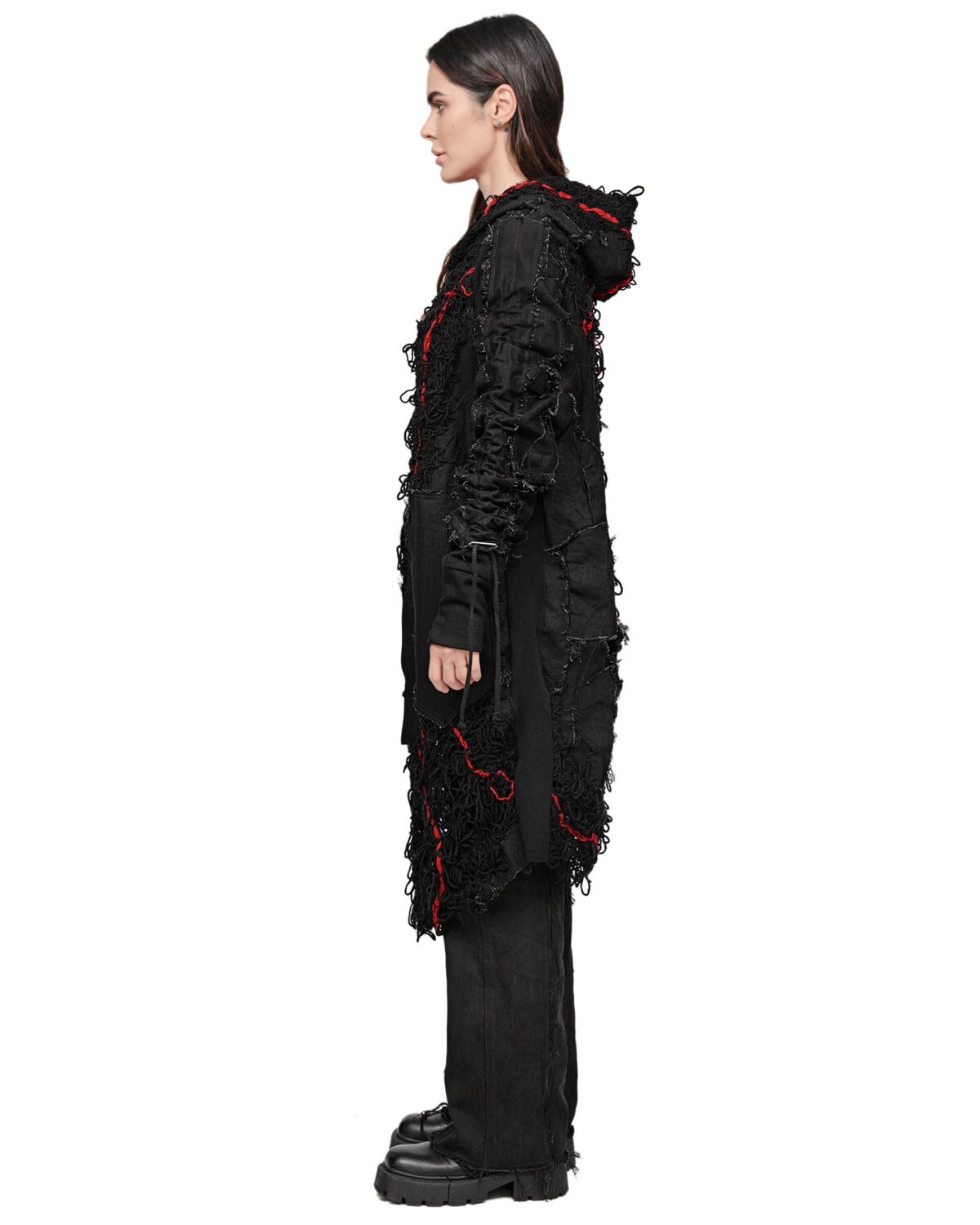 MINOAR - Fiber Bond Lava Patch Hooded Cardigan, Women's black cotton cardigan with Fiber-Bond texture - 4