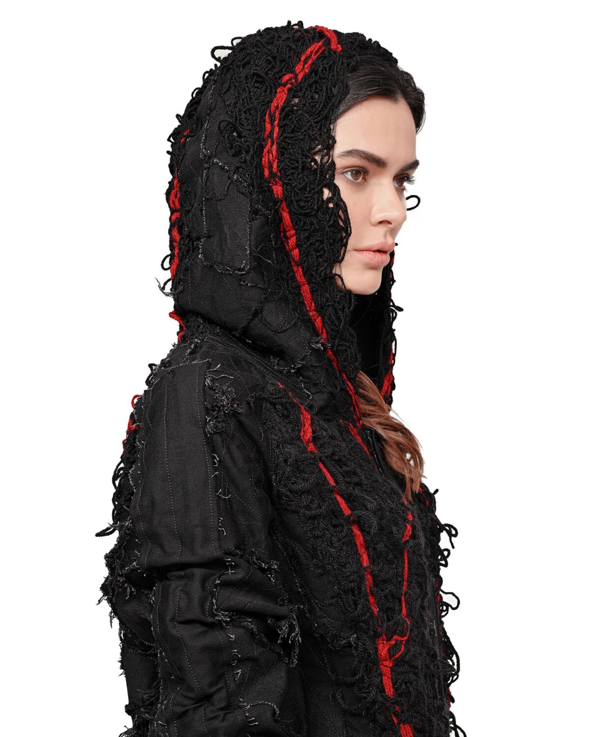 MINOAR - Fiber Bond Lava Patch Hooded Cardigan, Women's black cotton cardigan with Fiber-Bond texture - 6