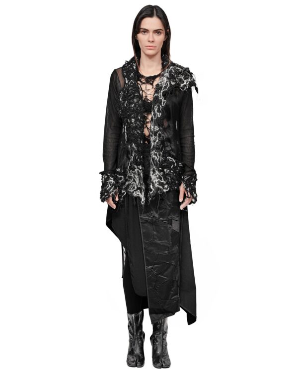 MINOAR - Grand Fiber Bond Silk Drape Shirt, Women's black cotton shirt with Fiber-Bond texture - 1