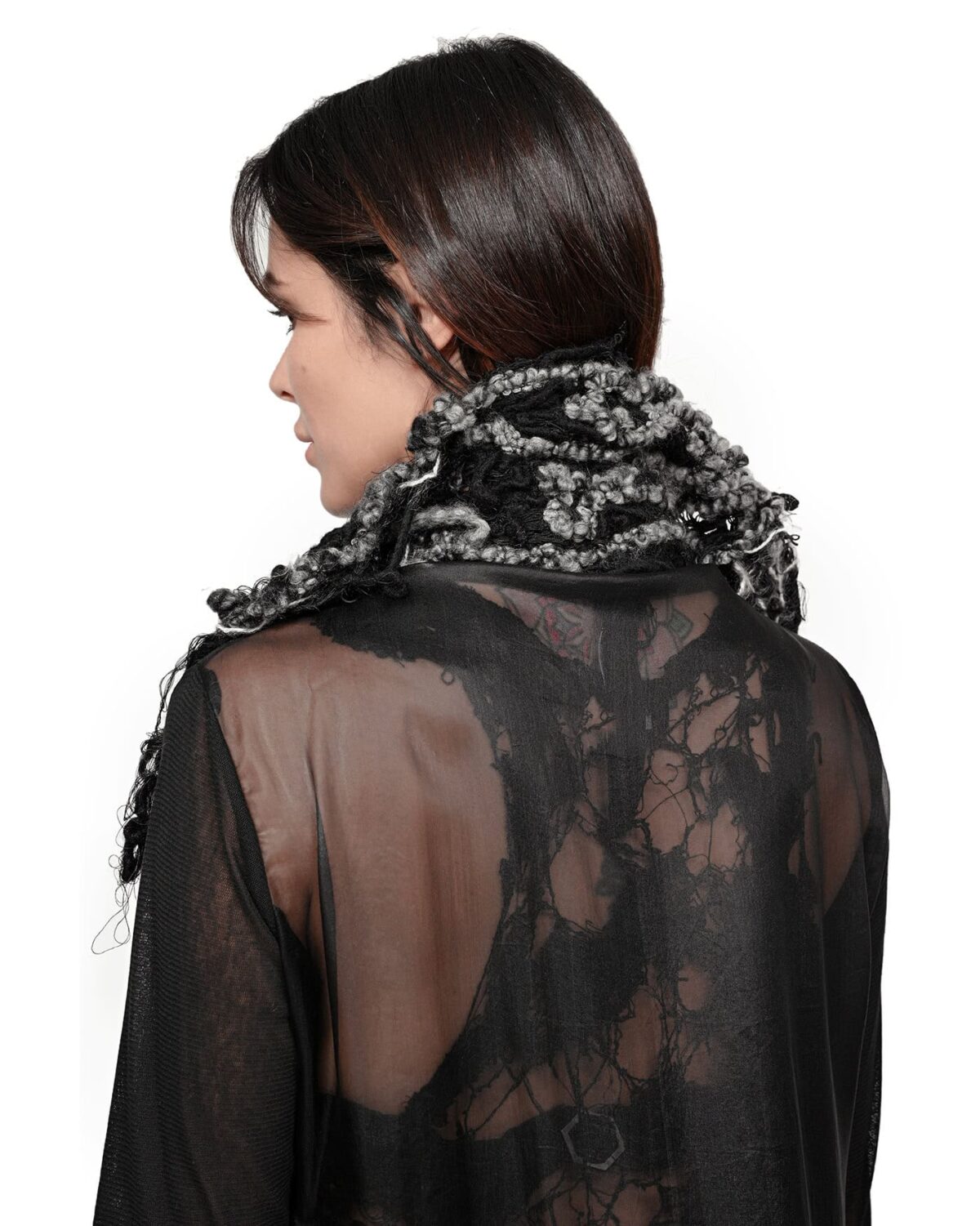 MINOAR - Grand Fiber Bond Silk Drape Shirt, Women's black cotton shirt with Fiber-Bond texture - 6