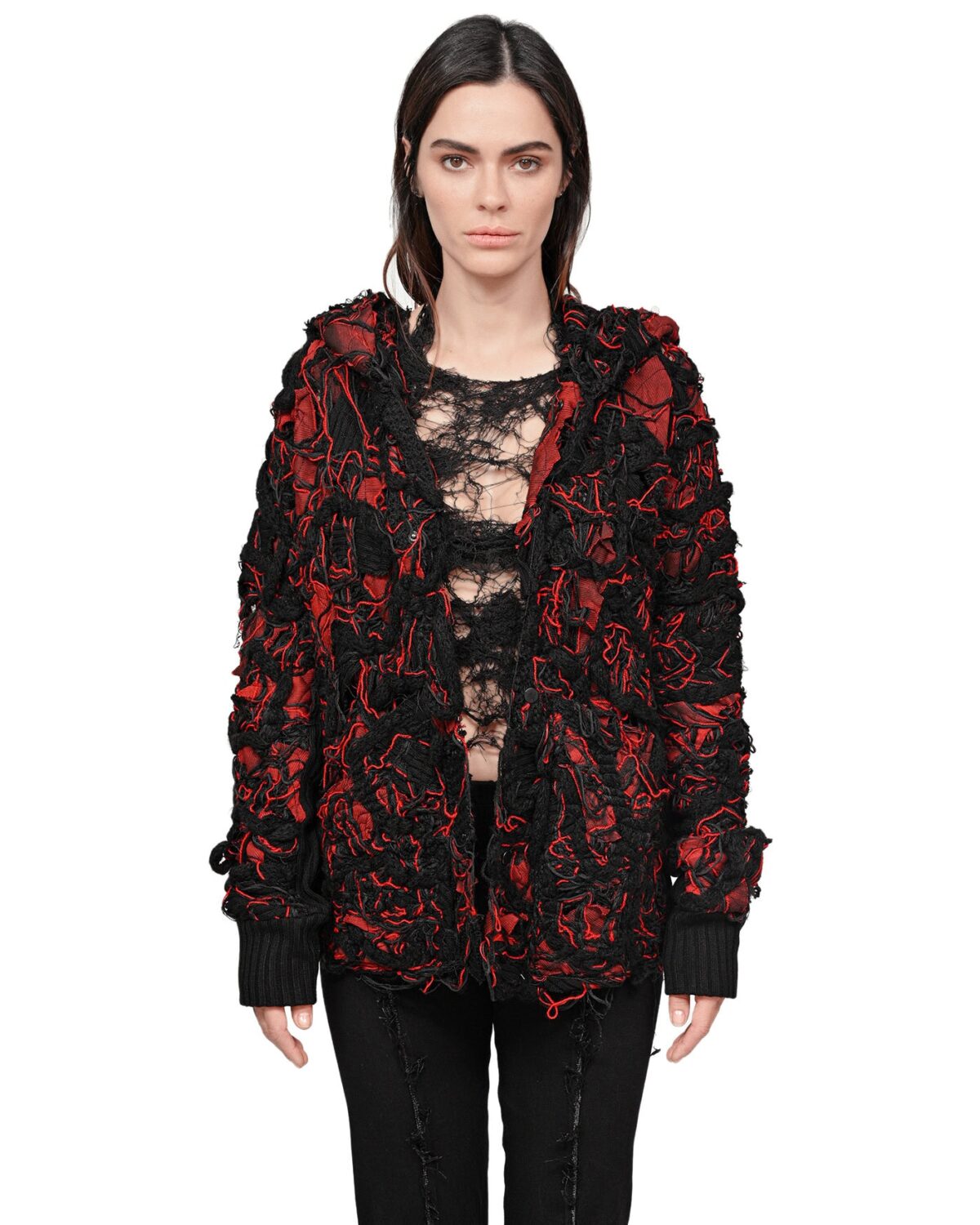 MINOAR - Fiber Bond Volcano Hooded Cardigan, Women's black cotton cardigan with Fiber-Bond texture - 3
