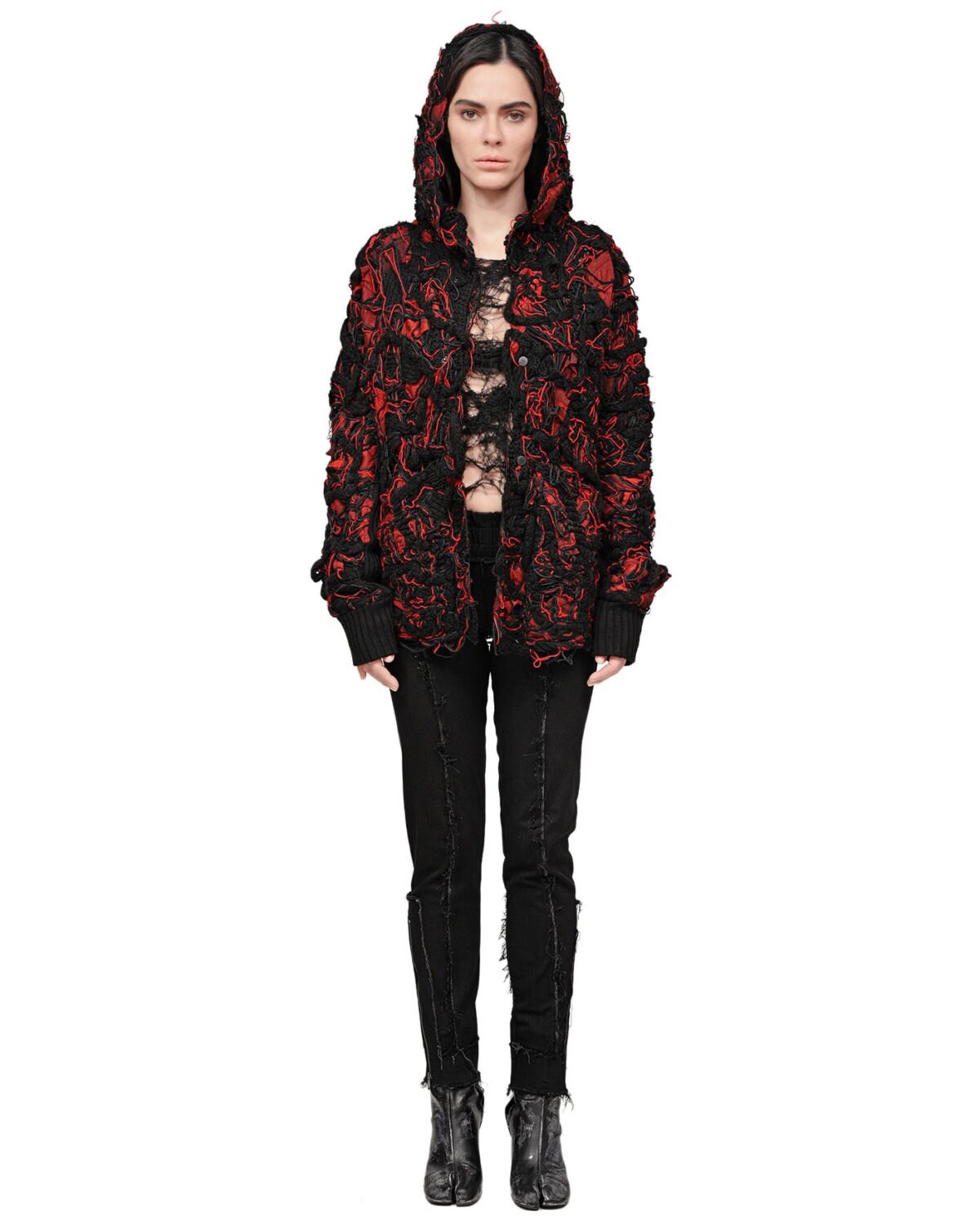 MINOAR - Fiber Bond Volcano Hooded Cardigan, Women's black cotton cardigan with Fiber-Bond texture - 4