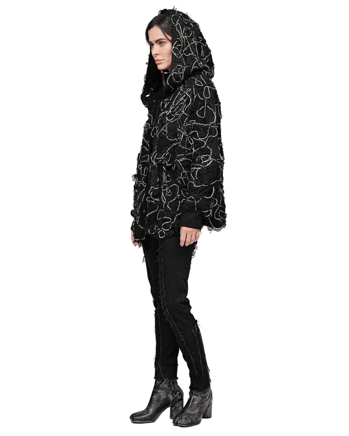 MINOAR - Fiber Bond Ashes Hooded Cardigan, Women's black cotton cardigan with Fiber-Bond texture - 4