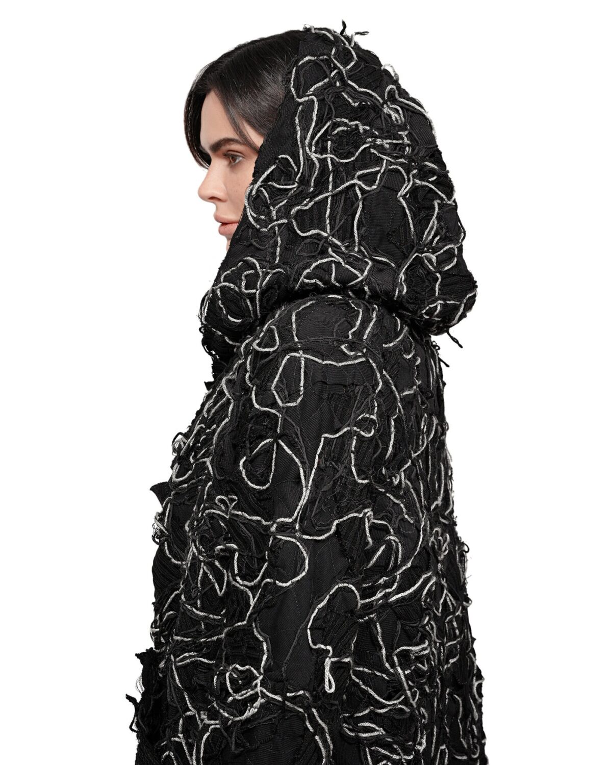 MINOAR - Fiber Bond Ashes Hooded Cardigan, Women's black cotton cardigan with Fiber-Bond texture - 6