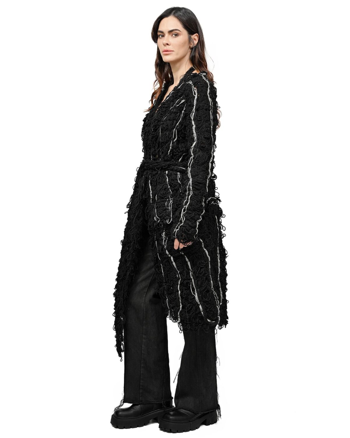 MINOAR - Fiber Bond Oracle Long Cardigan, Women's black wool cardigan with Fiber-Bond texture - 3