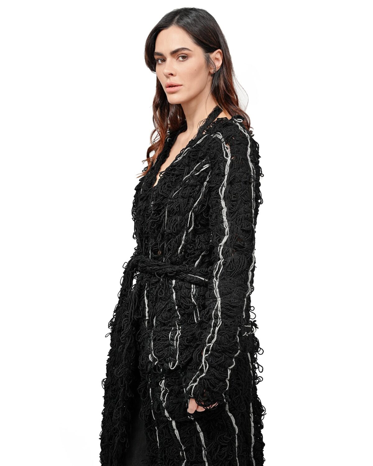 MINOAR - Fiber Bond Oracle Long Cardigan, Women's black wool cardigan with Fiber-Bond texture - 4