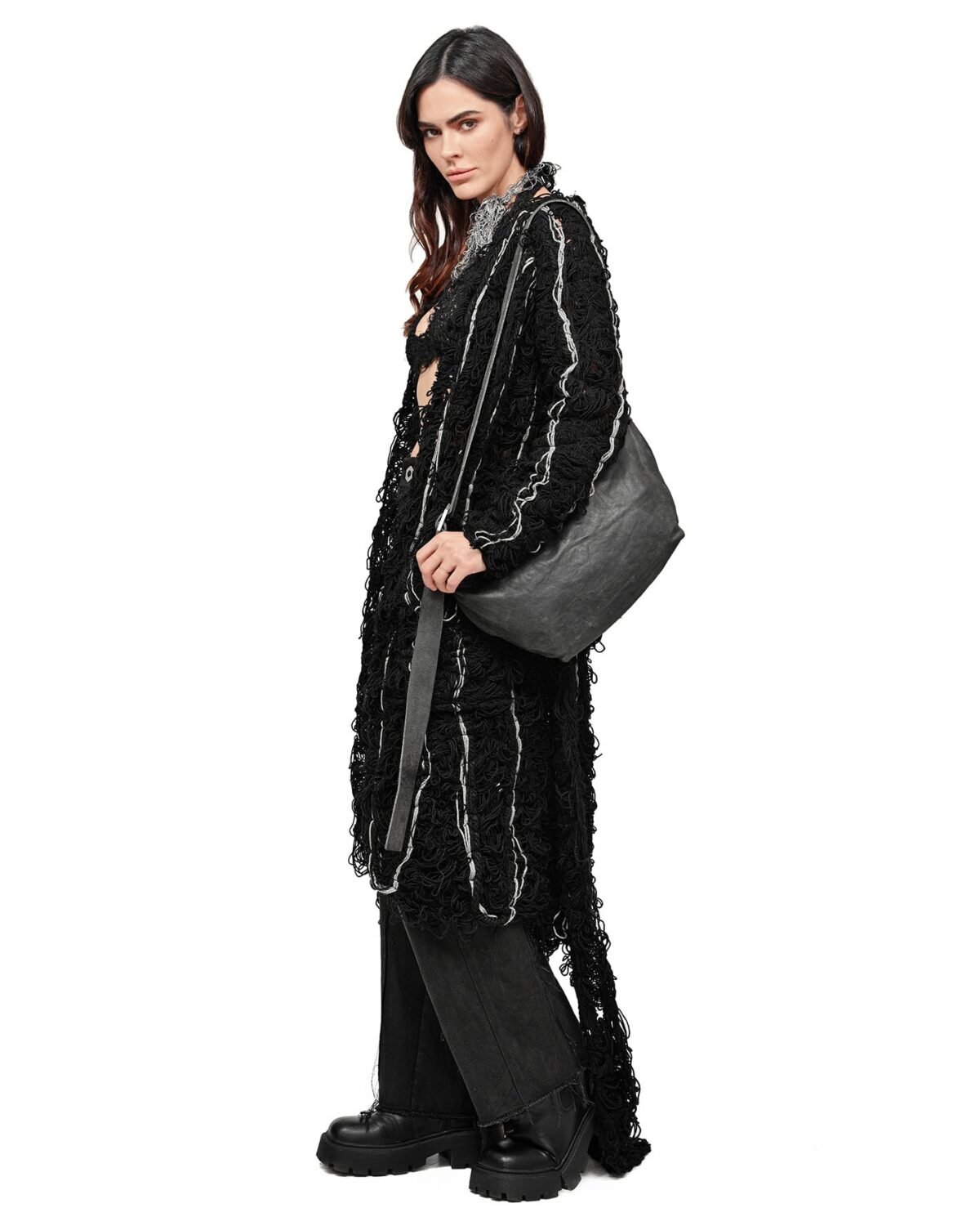 MINOAR - Fiber Bond Oracle Long Cardigan, Women's black wool cardigan with Fiber-Bond texture - 5