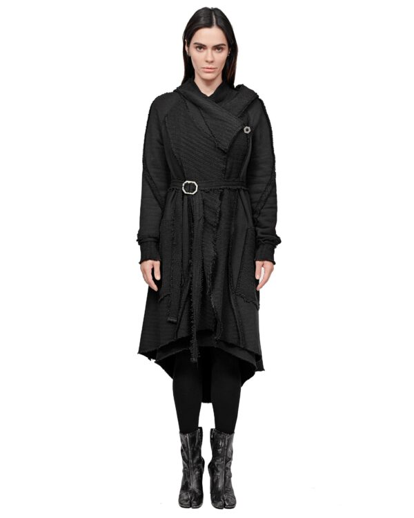 MINOAR - Reverse Edge Hood Buckle Cardigan, Women's black cotton cardigan with multi-segment construction - 1