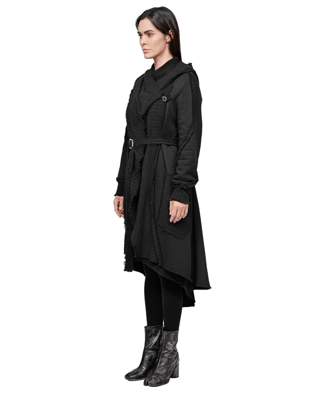 MINOAR - Reverse Edge Hood Buckle Cardigan, Women's black cotton cardigan with multi-segment construction - 3
