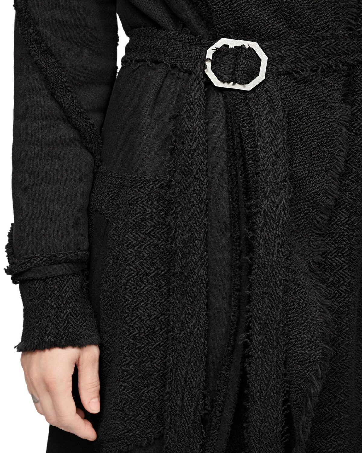 MINOAR - Reverse Edge Hood Buckle Cardigan, Women's black cotton cardigan with multi-segment construction - 5