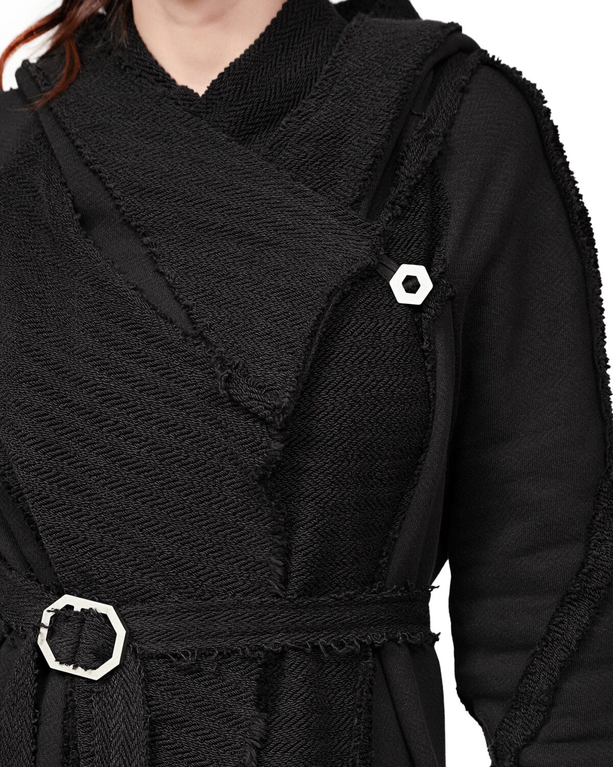 MINOAR - Reverse Edge Hood Buckle Cardigan, Women's black cotton cardigan with multi-segment construction - 6