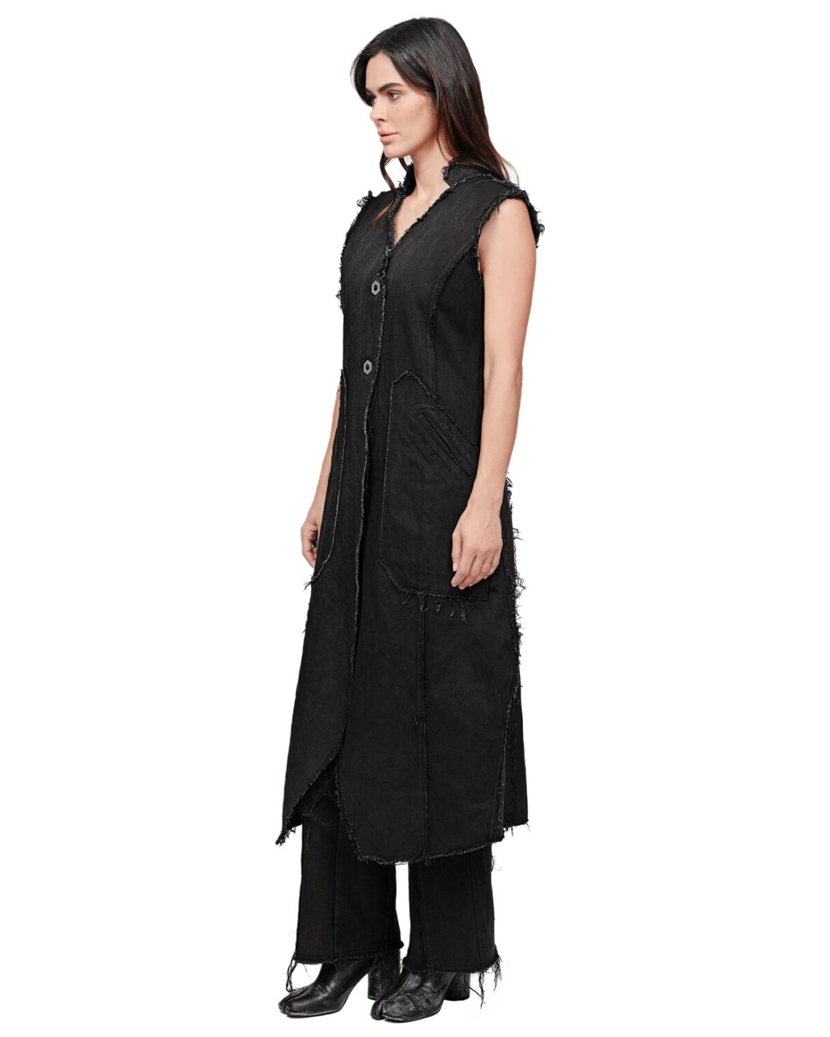 MINOAR - Hexa Layers Sleeveless Denim Coat, Women's black cotton coat with raised collar - 3