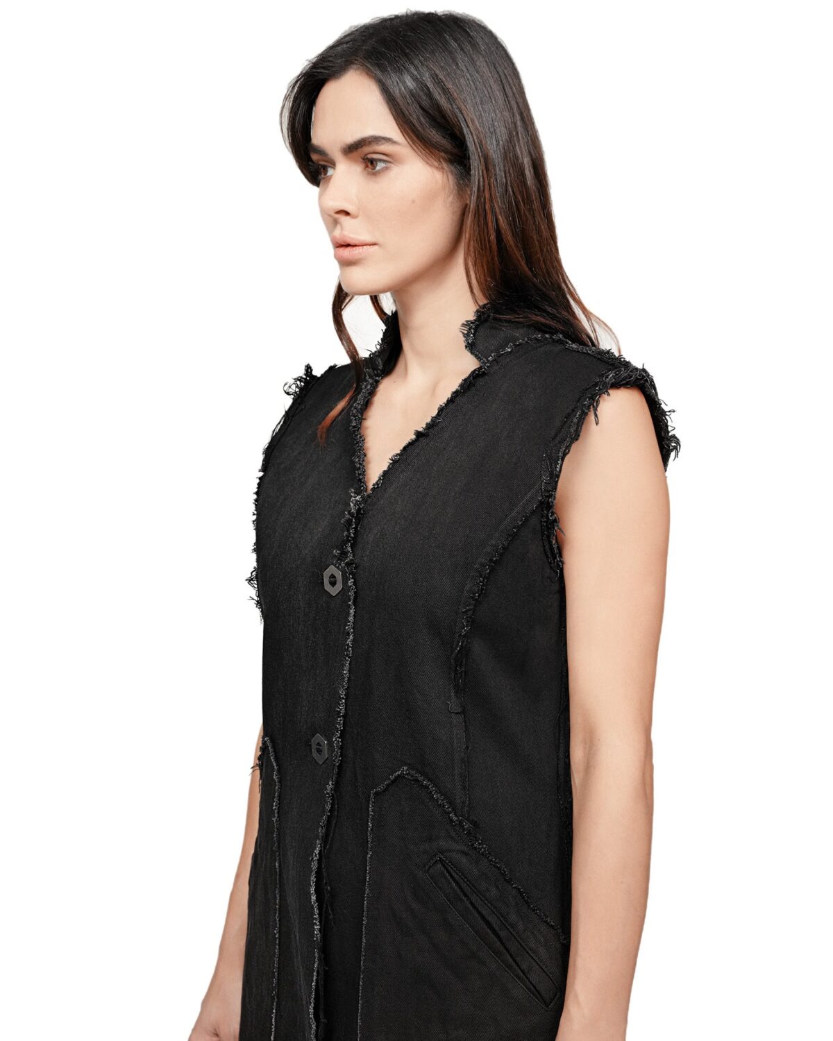 MINOAR - Hexa Layers Sleeveless Denim Coat, Women's black cotton coat with raised collar - 5