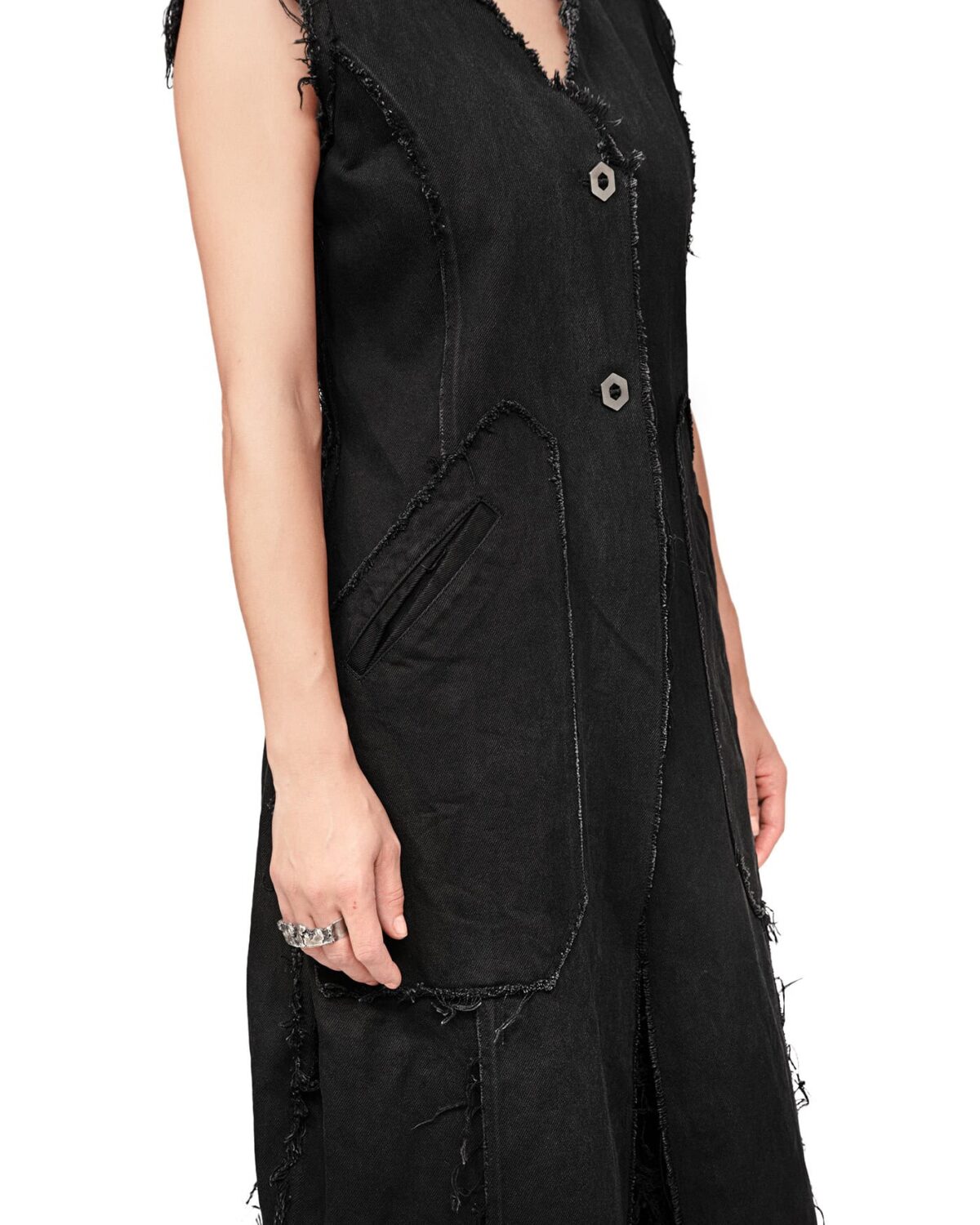 MINOAR - Hexa Layers Sleeveless Denim Coat, Women's black cotton coat with raised collar - 7