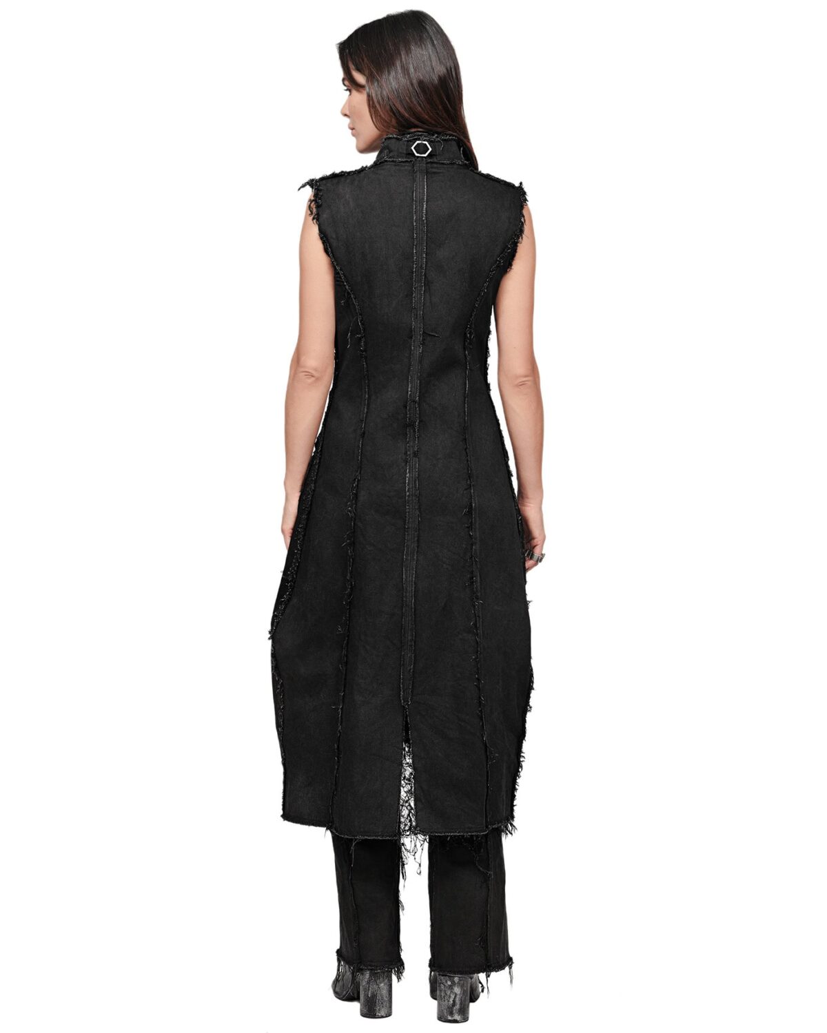 MINOAR - Hexa Layers Sleeveless Denim Coat, Women's black cotton coat with raised collar - 6