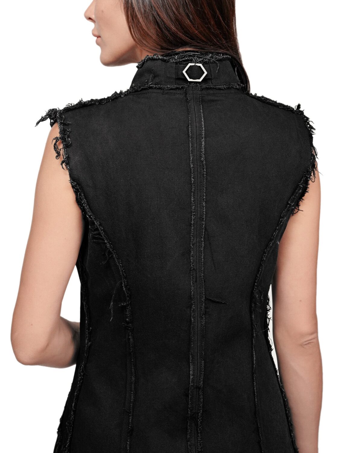 MINOAR - Hexa Layers Sleeveless Denim Coat, Women's black cotton coat with raised collar - 8