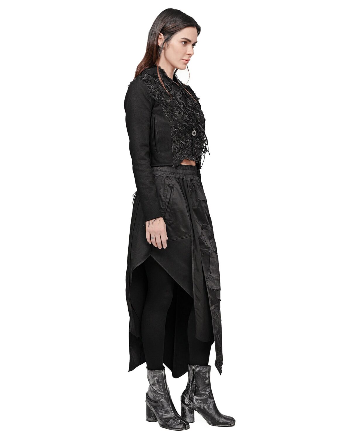 MINOAR - Grand Fiber Patch Denim Blazer, Women's black cotton blazer with Fiber-Bond texture - 3