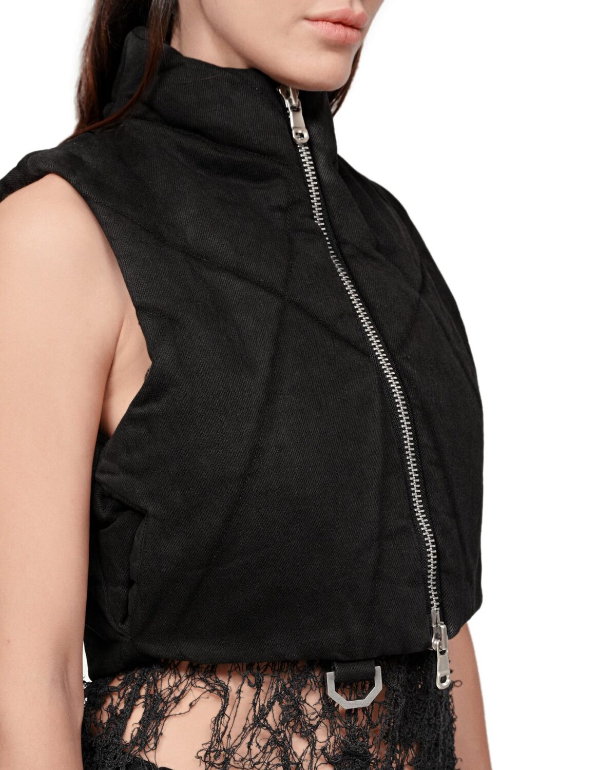 MINOAR - Linear Quilt Puffer Vest, Women's black cotton vest with raised collar - 7