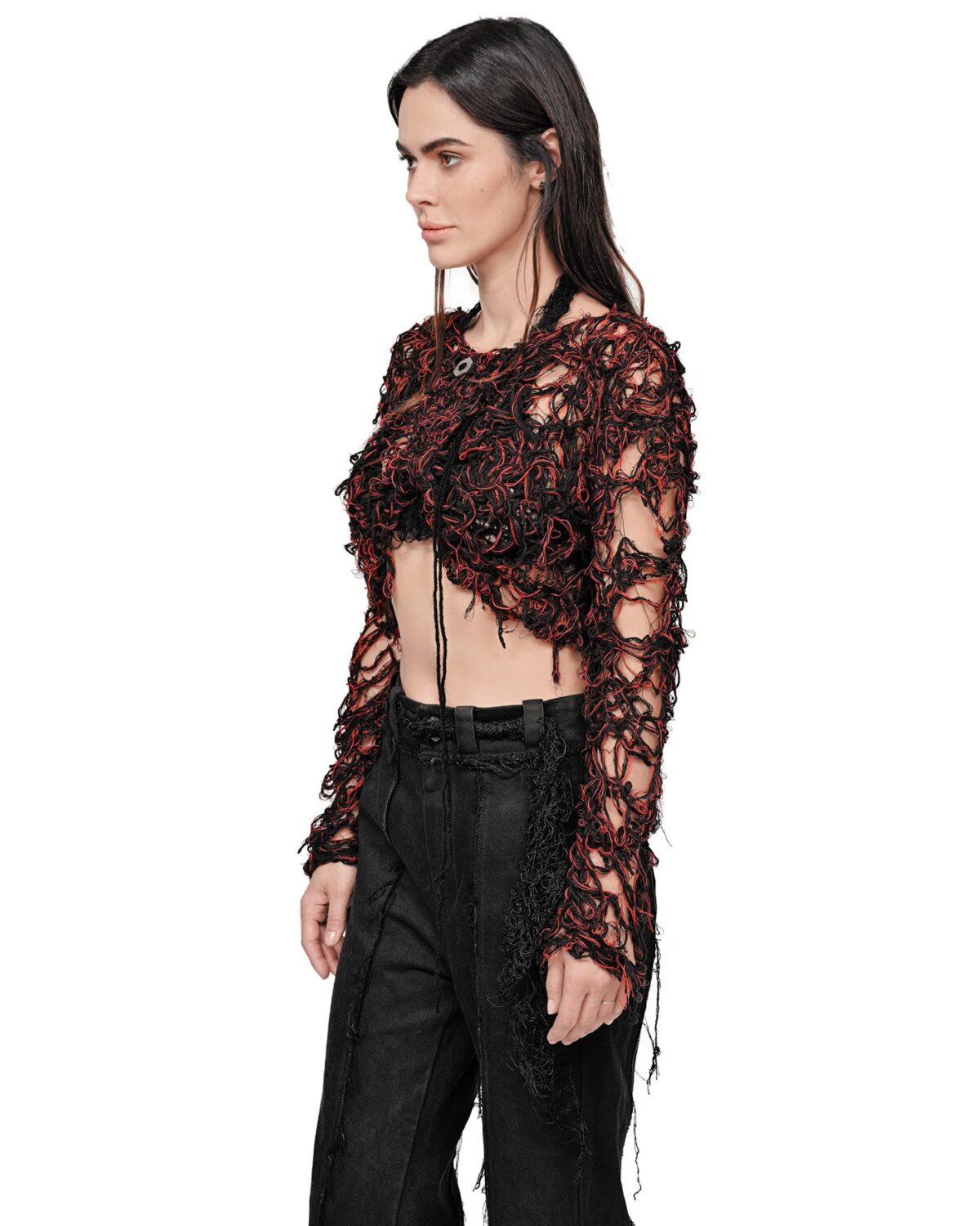 MINOAR - Fiber Bond Magma Crop Sweater, Women's black cotton sweater with Fiber-Bond texture - 3