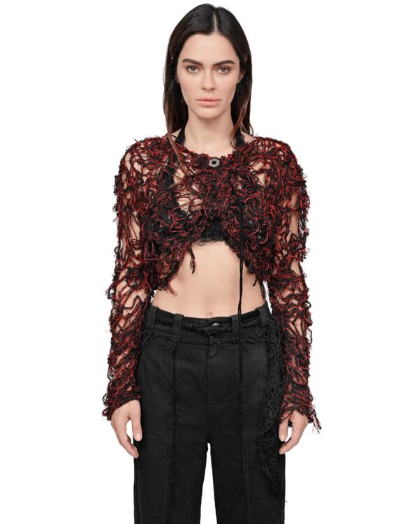 MINOAR - Fiber Bond Magma Crop Sweater, Women's black cotton sweater with Fiber-Bond texture - 1