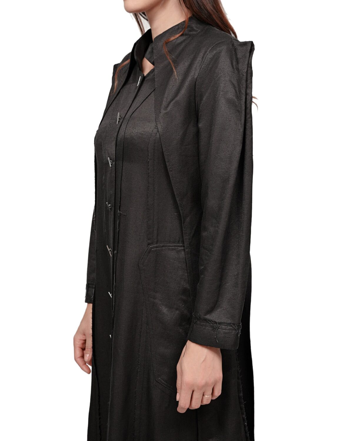 MINOAR - Hexa Silk Shantung Dress Shirt, Women's black silk dress with multi-segment construction - 6