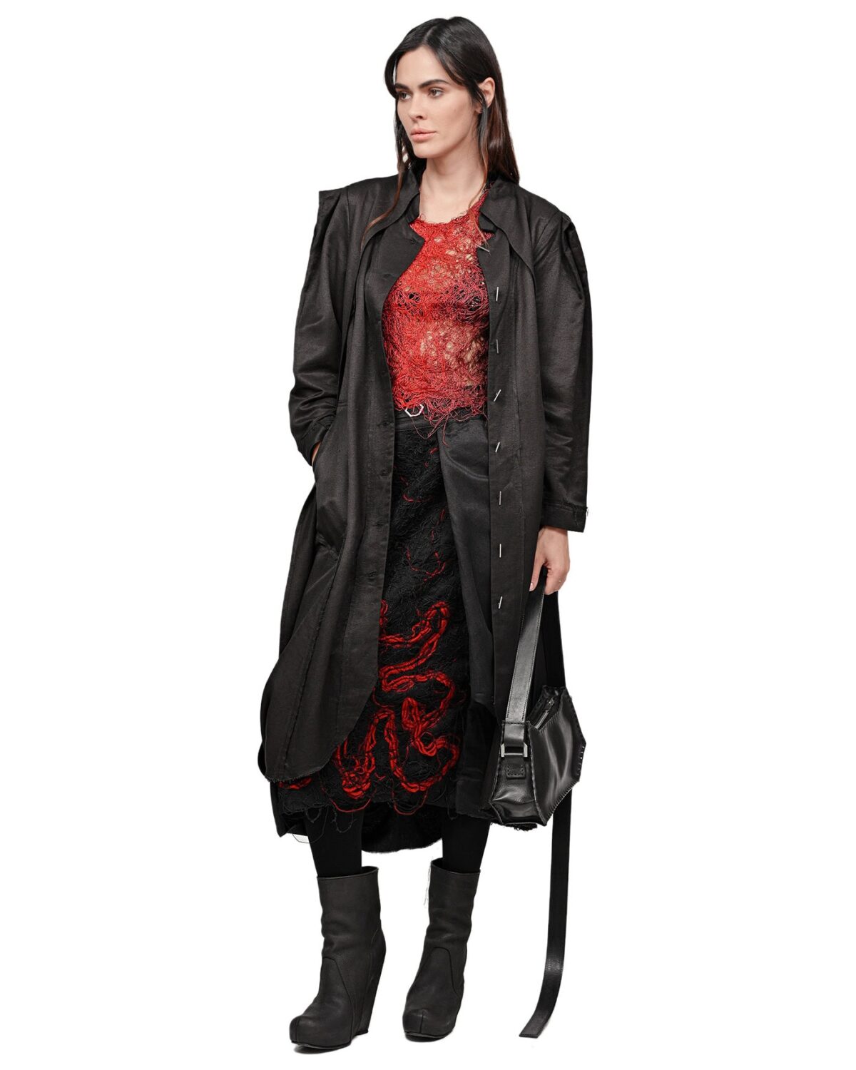 MINOAR - Fiber Bond Magma Layered Skirt, Women's black cotton skirt with Fiber-Bond texture - 8