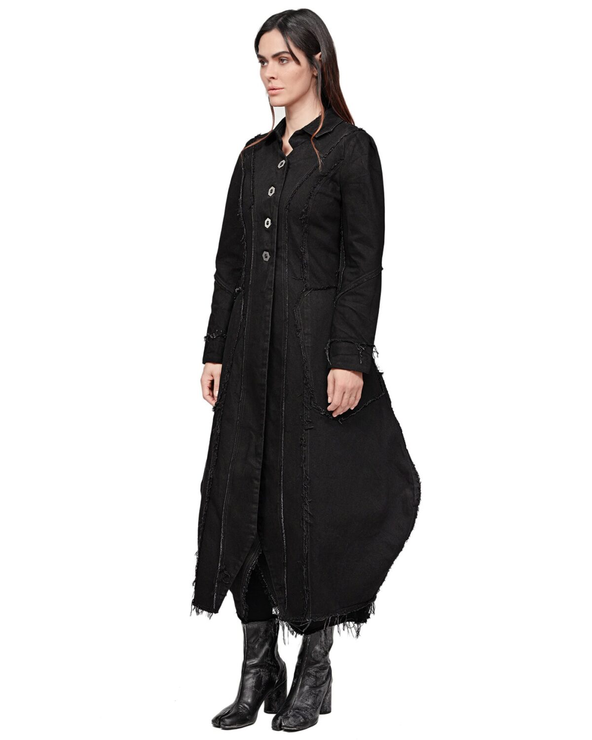 MINOAR - Angular Denim Washed Collar Coat, Women's black cotton coat with multi-segment construction - 3