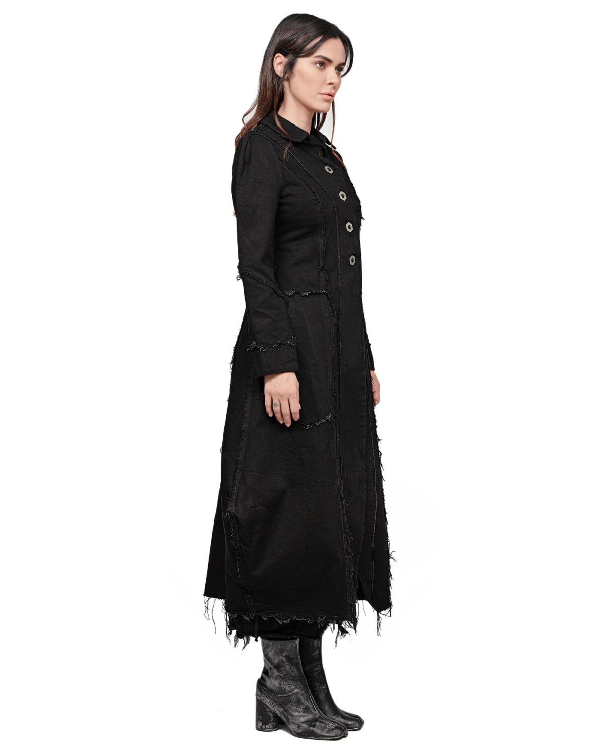 MINOAR - Angular Denim Washed Collar Coat, Women's black cotton coat with multi-segment construction - 4