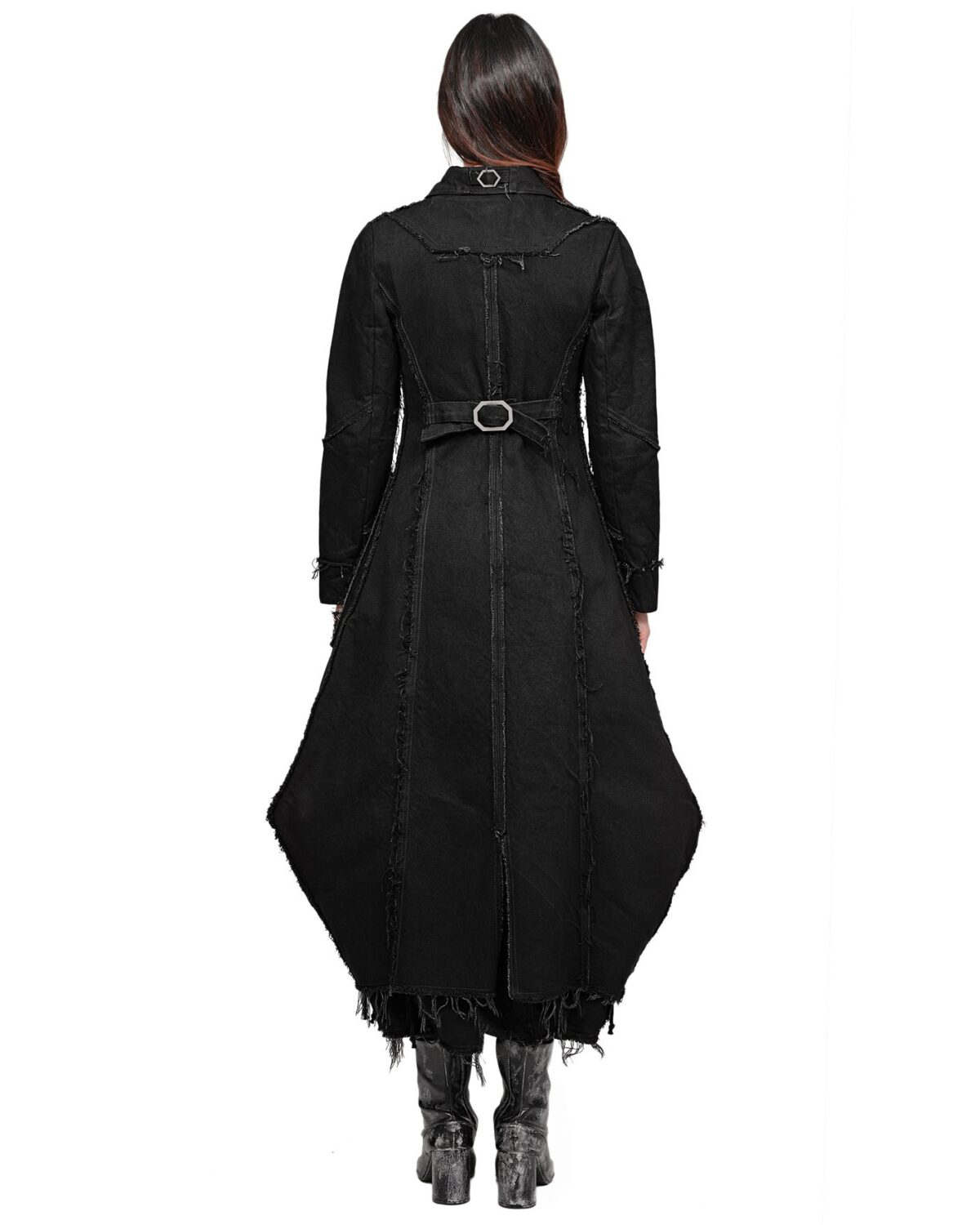 MINOAR - Angular Denim Washed Collar Coat, Women's black cotton coat with multi-segment construction - 5