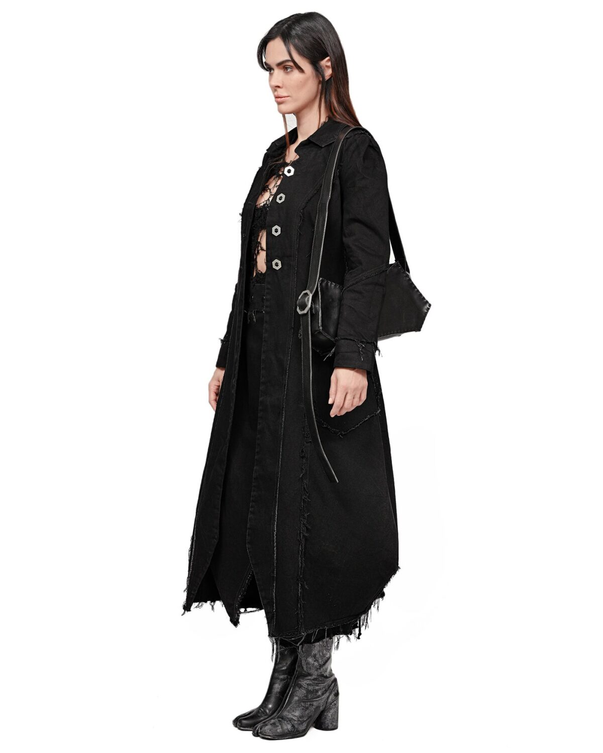 MINOAR - Angular Denim Washed Collar Coat, Women's black cotton coat with multi-segment construction - 8