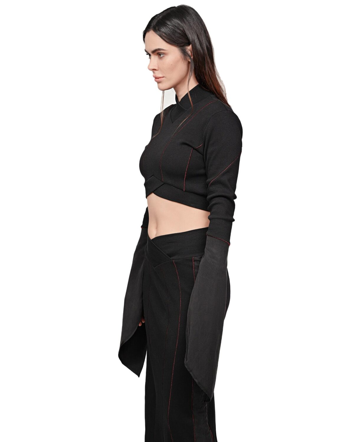 MINOAR - Rib Knit Lilium Layers Crop Top, Women's black cotton top with layered construction - 4