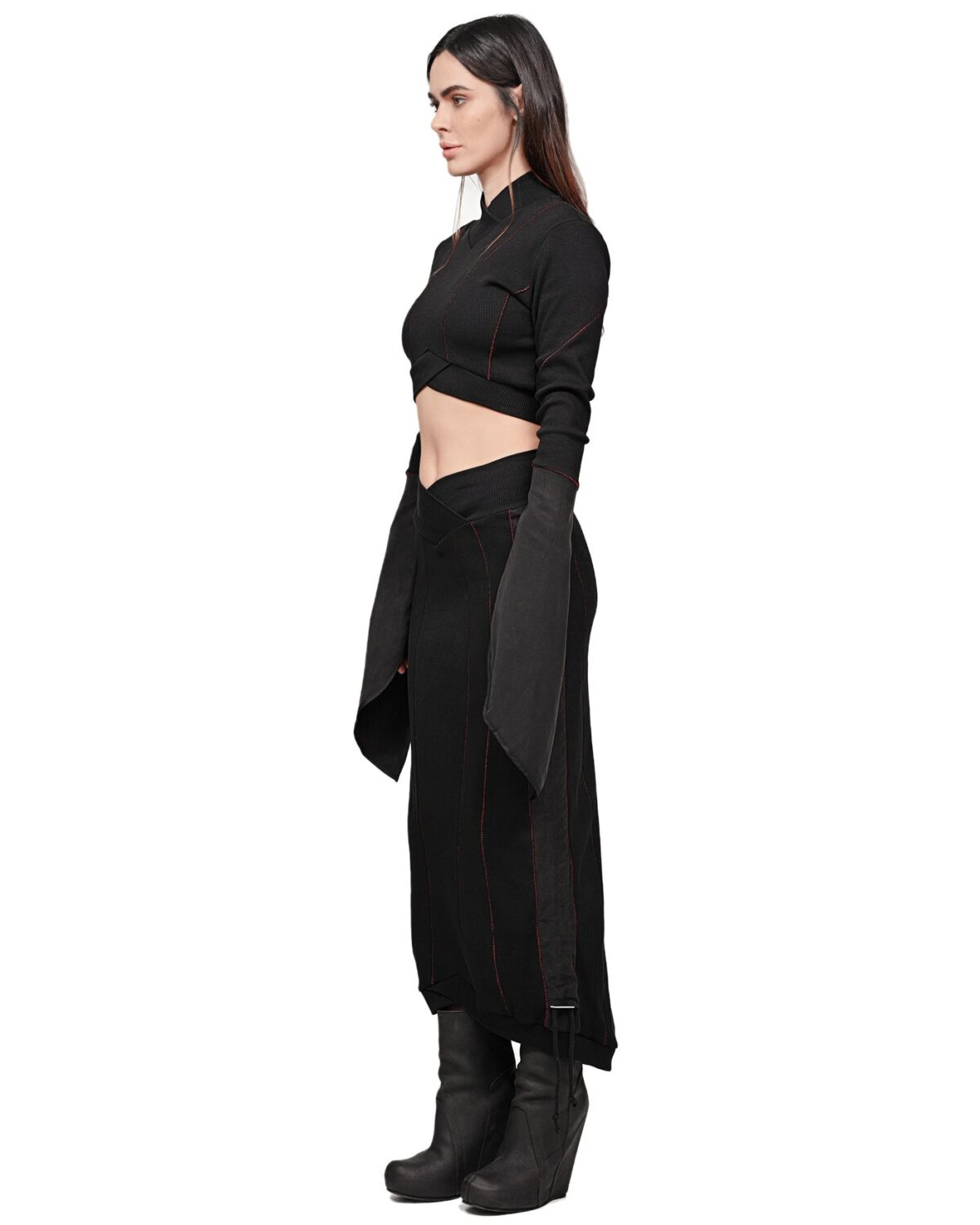 MINOAR - Rib Knit Lilium Layers Crop Top, Women's black cotton top with layered construction - 5
